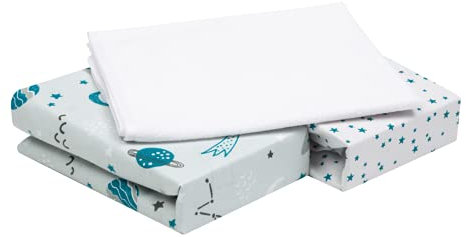 FlyIdeas 3-teiliges Spannbettlaken-Set für Next to Me Beistellbett – 2 Spannleintücher & 1 Wasserdichter Matratzenschoner, 83x50 cm – 100% Baumwolle, Atmungsaktiv & Hypoallergen