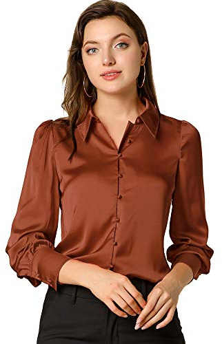 Allegra K Women Satin Puff Long Sleeve Collared Button Down Blouse | Smooth French fabric. Throw-on piece for effortless chic. Versatile for work or evening.