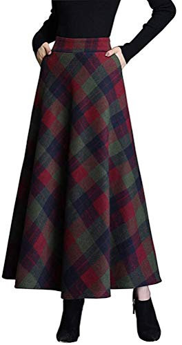 Minetom Rock Damen Lang Vintage Plaid Winterrock Warm Elastische Taille A Linie Röcke Casual Rock Hohe Taille Kariert Maxi Rock C Grün Rot M