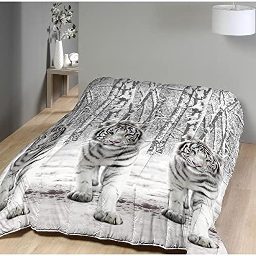 J&K Markets Steppdecke, Bedruckt, Tiger, Weiß, 140 x 200 cm, für Einzelbett, 550 g/m², warm, Pfirsichhaut, 100% Mikrofaser