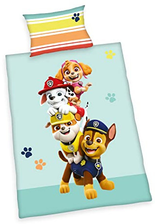 Herding Paw Patrol Bettwäsche-Set, Made in Green, Kopfkissenbezug 40 x 60 cm mit Hoteleinschlag, Bettbezug 100 x 135cm, Mit Knopfverschluss, 100% Baumwolle/Flanell
