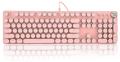Yunseity Tastiera da Gioco Rosa, Tastiera Meccanica con Tasti Rotondi, Tastiera per Macchina da Scrivere Steampunk Retrò, Retroilluminazione Rosa e Bianca, Cavo USB, Neri