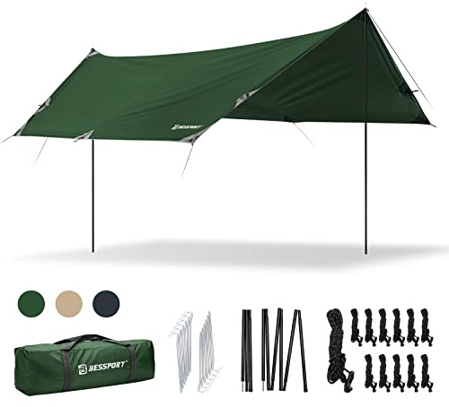 Bessport Camping Tarp, 16×9.8FT with 2 Poles, Lightweight Car Awning Sunshade, Portable Multifunctional Backpacking, PU 3000mm Waterproof Rain Fly Hammock Tarp for Outdoor,Traveling, Hilking