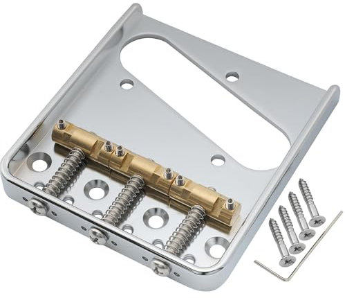 Musiclily Ultra 54mm Vintage Tele Bridge Steg mit Aluminium Platte Messing Kompensiert 3-Sattel für Tele Style E-Gitarre, Chrom