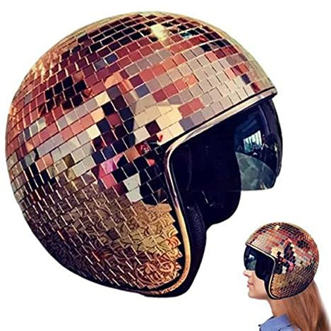 QCLUEU Disco Ball Helmet, Helmet with Retractable Visor Silver Cool Fun Acrylic Mirror Desktop Decoration Nightclub Props Stage Decor for DJ Club Bar (Color : Rose gold)