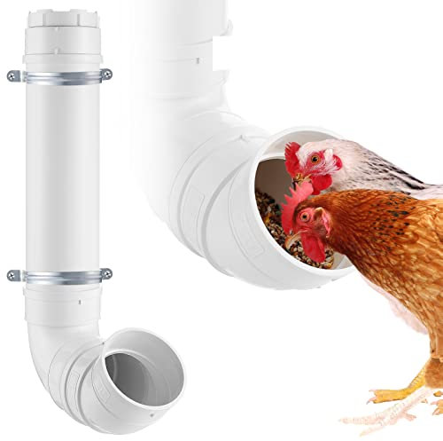 MEWTOGO Automatischer Hühner-Futterspender ohne Abfall – 3 kg Kapazität, Robustes PVC-Rohr, Hühnerstall-Futterstation, Geflügel-Schwerkraft-Futteranschluss für Hühnerstall für Lange Fütterung