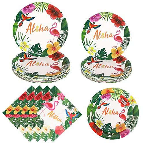 Gukasxi Lot de 72 pièces de vaisselle hawaïenne Aloha pour 24 invités - Assiettes à dessert et serviettes - Luau Tropical Tiki Summer Pool - Vert 1