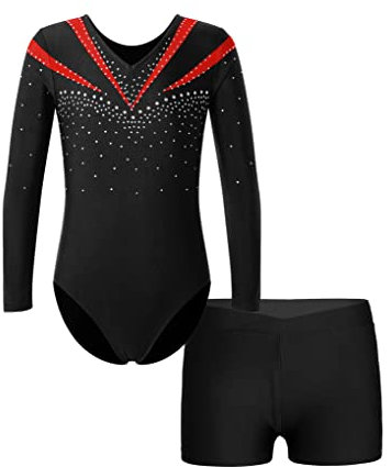 Aiihoo Mädchen Turnanzug Langarm Glänzende Tanzbody mit Strass und Shorts Tanzbody Trikotbody Tanzkleidung Tanz Gymnastik Trikots Tanzkostüm S Rot 146-152