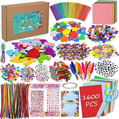 LPAOIS 1600+ Pezzi Lavoretti Creativi per Bambini DIY Art Craft Set, Scovolini Colorati per Lavoretti,Contiene Occhi Contorti, Bastoncini di Legno Colorati, Piume, Paillettes, Pompon Lampeggianti