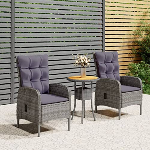 Festnight Polyrattan Gartenmöbel Essgruppe 3-TLG. Gartensessel Polyrattan Verstellbar,Garten-Bistro-Set,Liegesessel mit Kissen und Tisch Grau Gartenstuhl Hochlehner Verstellbar Outdoor
