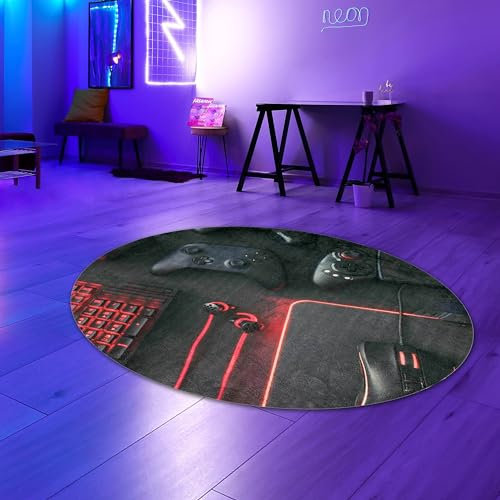 Teppich-Traum Controller Gaming-Teppich 160 cm Rund Schwarzes Design Leuchtend rote Akzente - Konsole und Joysticks