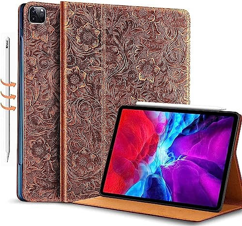 Gexmil Coque pour iPad Pro 12,9 Pouces Cover,6ème/5ème/4ème/3ème Génération(2022/2021/2020/2018) Étui en Cuir Véritable,Sommeil/Réveil Automatique,Stand Réglable,Antidérapant,Fleurs Brun-DE