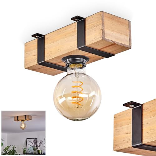 HOFSTEIN Deckenleuchte Montgomery - Moderne Deckenlampe Holz Metall in Schwarz Natur - 1 x E27-Fassung - rustikale Holzlampe für Wohnzimmer, Schlafzimmer, Küche, Flur - Industrial, Vintage Design