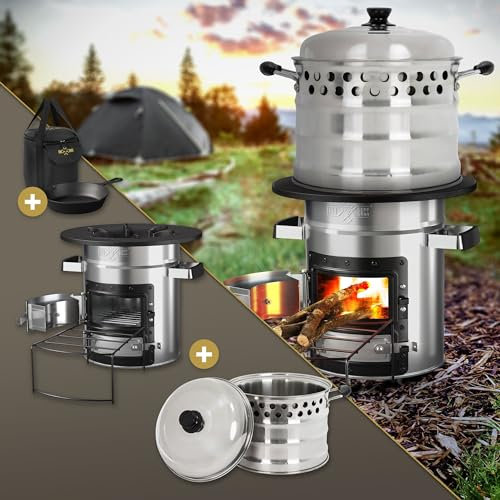 BBQ#BOSS Raketenofen mit Grillpfanne, Tragetasche, Edelstahl, Silber, mit Edelstahl Kochtopf, Campingkocher Holz mit Brennholzständer, Doppeltür, Camping BBQ Holzofen, Outdoor, Dutch Oven Raketenherd