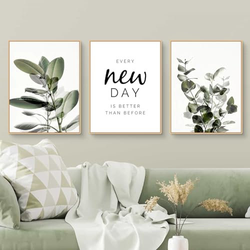 Qeuufieu 3-teiliges Moderne Poster Set, Boho Aesthetic Grün Pflanze Wanddeko Bilder Wohnzimmer Deko Schlafzimmer, Premium Leinwand Bild Wandkunst, ohne Rahmen (40x50cm)
