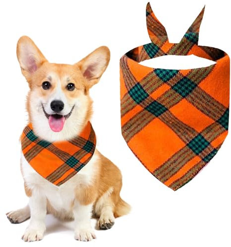 Voarge Hundeschal,Klassisches Kariertes Hundehalstuch, Bandana für Hund,Waschbare Halsdreiecke für Kleine Mittlere und Große Hunde Katzen (Orange Kariertes Halstuch, L)