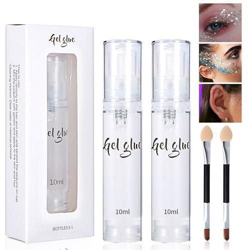 Gel per Fissare Glitter, Primer Adesivo con Pennello a Doppia Punta, 10ml Colla per Viso per Spettacoli, Feste, Halloween, Natale, 2 Pezzi