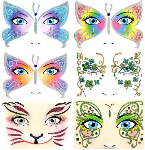 Schmetterling Face Tattoo Schmetterling Tattoo Gesicht, 6 Blätter Face Art Sticker, Gesichts-Tattoo, Ablösbare Gesicht Aufkleber, Gesichtstattoo Temporäres Leopard Bienen Schmetterlinge Katze