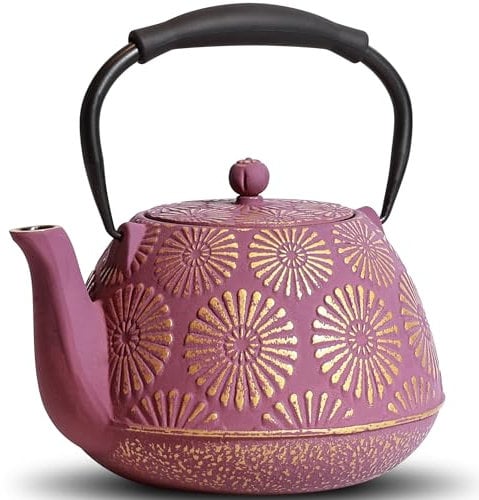 MILVBUSISS Cast Iron Teapot, 1200ml Large Capacity Tea Kettle with Infuser for Stove Top, Sakura Design Japanese Tea Pot for Loose Leaf Coated with Enameled Interior, Silicone Handle 40oz Purple