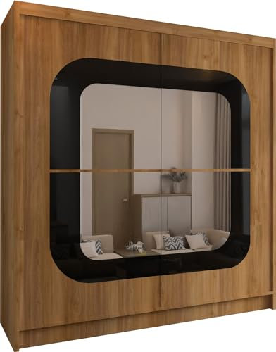 MN Furniture Chennai Mirror Sliding Door Freestanding Wardrobe Transforms Your Space with Style 150cm/203cm (Walnut, 203cm)