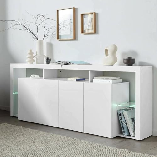 Dmora - Kommode Wilmer, 4-türiges Wohnzimmer-Buffet, Wohnzimmer-Kommode, modernes Kommode, 100% Made in Italy, 220 x 40 x 80 cm, glänzendes Weiß