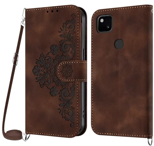 NETANY Handykette Hülle für Google Pixel 4A, Handyhülle für Google 4A Hülle mit Kette Klappbar, PU Leder Necklace Klapphülle und Umhängeband Lanyard Flip Stoßfest Schutzhülle mit Band (Braun)