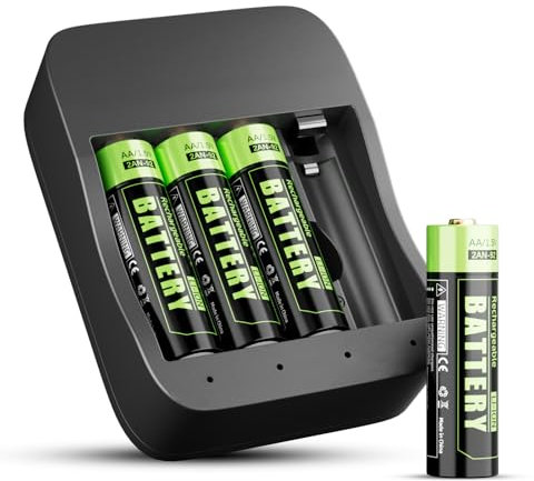 Coolifepro Caricabatterie AA/AAA con 4 Batterie Ricaricabili da 1.5V al Litio - Caricatore USB con Indicatori LED 100% PeakPower - Alta Capacità