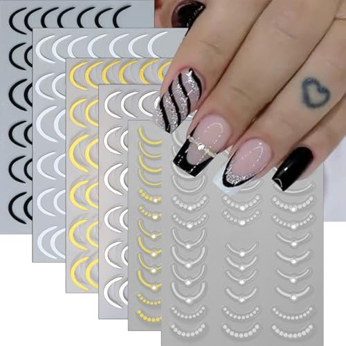Calkkrer 6 Blätter Französische Spitze Nagellack-Aufkleber für Nagelkunst, 3D-Selbstklebender Gold-Silber-Linien Nagelkunst-Aufkleber Nagel-Tipps-Designs.