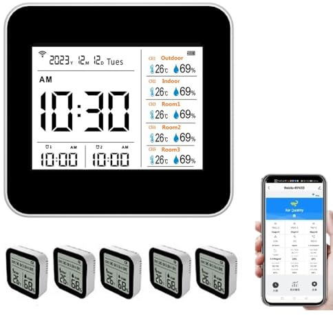 13-in-1-Tuya-WLAN-Intelligentes Thermometer-Hygrometer, präziser Temperatur- und Feuchtigkeitsmesser für den Innenbereich mit Zeit-/Kalender-/Alarmanzeige, unterstützt Remote-App-Steuerung für das
