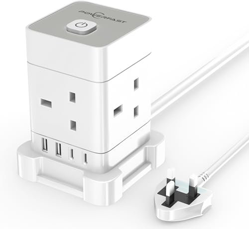 PowerFast 4 Way Multi Plug Power Strip, Cube Extension Lead with 2 USB Slots, 2 USB-C, Child Safety Surge Protected Extension Cord (White, 5M)