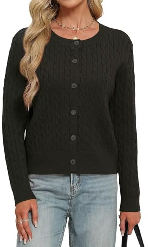 LEEDYA Women's Long Sleeve Cable Knit Cardigan Crewneck Button Down Casual Sweater Open Front Cropped Jacket Tops, Black, Small