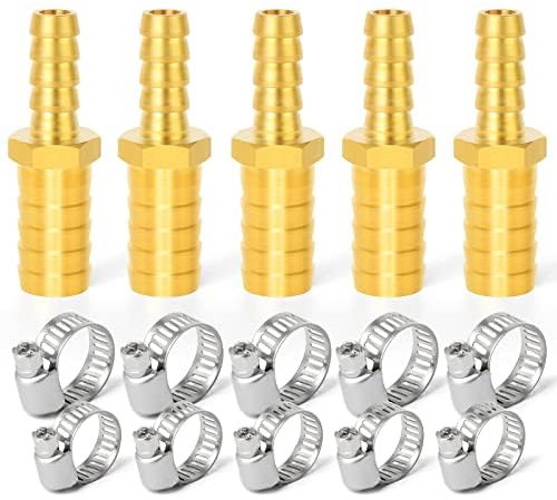 ERGAOBOY Lot de 5 raccords de buse de tuyau de réduction en laiton 8 mm x 14 mm, raccord droit à 2 voies avec 10 colliers de serrage