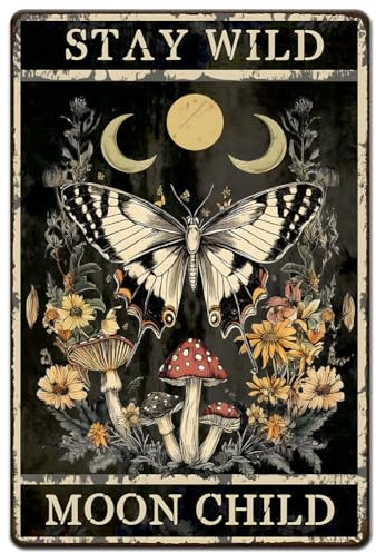 Hobbspring 1pc Vintage Metal Tin Sign 20x30cm Retro Iron Butterfly Flower Sign Rusty Look Stay Wild Moon Child Poster for Home Office Kitchen Farmhouse Cafe Garden Wall Decor