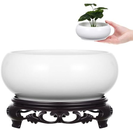 DOITOOL White Water Lily Bowl Hydroponic Planter Pot with Stand, Ceramic Chinese Pot with Base, Porcelain Lotus Pot