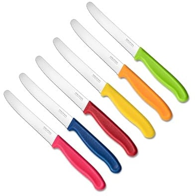 NEUSTANLO | Tafelmesser aus rostfreiem Stahl | 6 Stück | Bunt | extra scharfer Wellenschliff | ideales Brötchenmesser, Tomatenmesser für den Frühstückstisch
