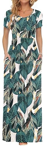 AUSELILY Damen Kurzarm Sommer Casual Long Maxi Kleider mit Taschen Bananenblatt XXL