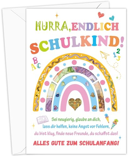 HOWAF Regenbogen Geldgeschenk Einschulung mit Umschlägen, Karte Schulkind Karte Schulanfang Geldgeschenk Verpackung für Schultüte Füllung, Glückwunschkarte Einschulung Geschenk Junge Mädchen, B