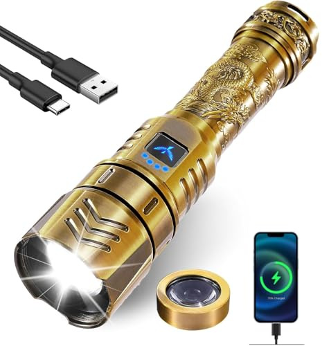 SKYFIRE LED-Taschenlampen, hohe Lumen, mit Zündlinse, 3000 lm, superhell, wiederaufladbar, zoombar, 4 Modi, wasserdicht, taktisches Blitzlicht für Camping, Outdoor, Zuhause, Geschenk