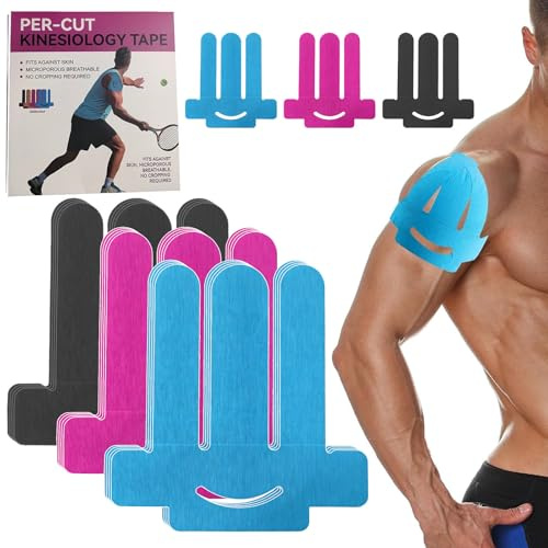 12 Stück Kinesiologie Tape Schulter vorgeschnitten 4schwarze+4blau+4rosa | Wasserfest & selbsthaftend für dauerhaften Halt bei Bewegung und Schwitzen
