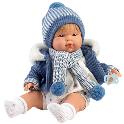 Llorens 1038573 Puppe Sasha, mit blonden Haaren und blauen Augen, Babypuppe mit weichem Körper inkl. blauem Strick-Outfit, 38cm