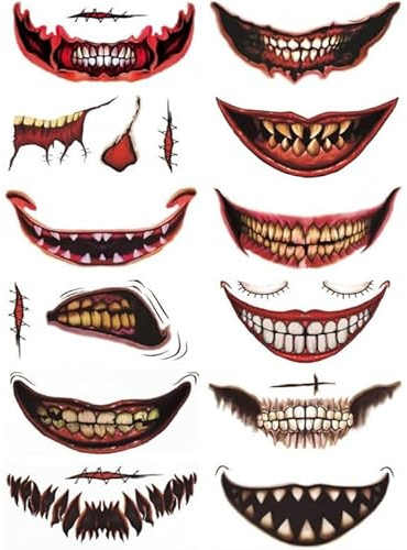 2025 Neu Halloween Wunden Skelett Tattoo Gesicht, Halloween Prank Makeup Temporary Tattoo, Gruselige Tattoos Aufkleber für Cosplay Schminke Erwachsene Party (12PC)