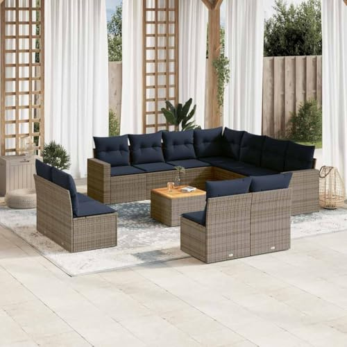 Mandloder 12-TLG. Garten-Sofagarnitur, Grau Poly Rattan, mit Stauraum, Akazienholz-Tisch, für Terrasse, Balkon, Outdoor Patio Conversation Sets