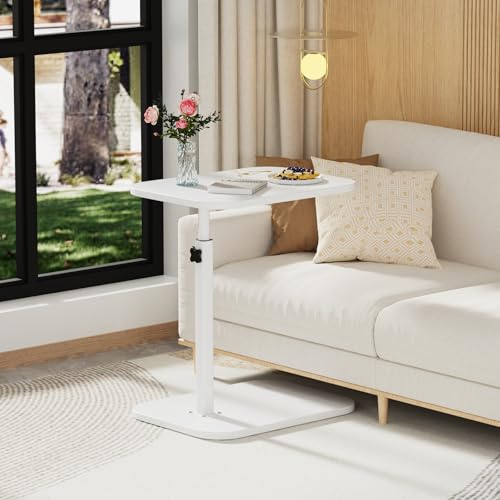 HUOLE Table Ordinateur Ergonomique, Bureau Réglable en Hauteur, Table Assis-Debout, Bouts de canapé pour télétravail ou Lecture, 40 x 30 x 80 cm - Forme en C - Blanc