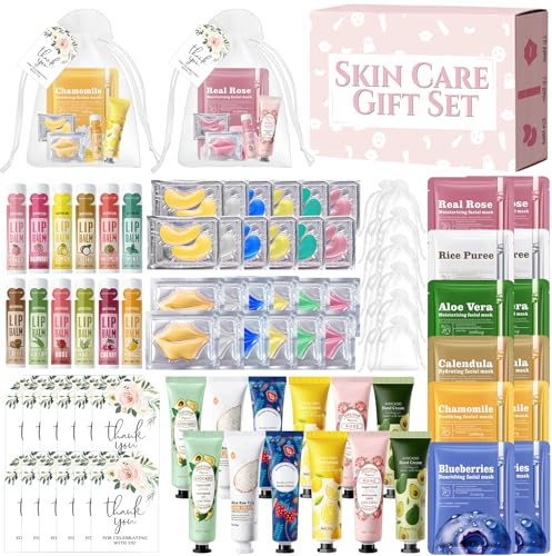 84 Stück Geschenke Set, Pflege Set Damen Geschenk, Gift Set for Women mit Handcreme Set, Lippenmaske, Augenpads,Gesichtsmaske, Lippenbalsam, Dankeskarten, Organzasäckchen, Geschenke für Damen