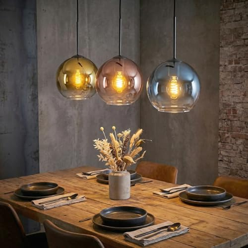 HOFSTEIN Hängeleuchte Koyoto, 3-flammige Hängelampe aus Metall/Glas in Schwarz/Gold/Blau/Kupfer/Klar, moderne Pendelleuchte im Retro/Vintage-Design, Schirme Ø 20 cm, E27, Esszimmer, Küche, Wohnzimmer