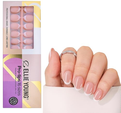 Ellie Young PROTIPS 150pcs French Tips Pre-designed Press On Nails, Short Oval Nail Tips, 15 Sizes Soft Gel Nail Extensions for DIY Manicure, Party, Wedding,Women ((ONLY NAILS) Nude Pink Pastel)