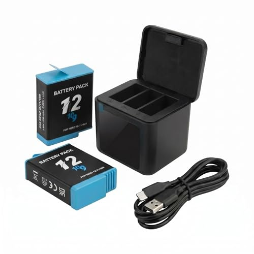 Pack of 2 2000 mAh Replacement Battery with Triple Charger Compatible with GoPro Hero 12, Hero 11, 10 and 9, Rechargeable Li-ion Battery to Replace Hero 12/11/10/9 Action Cams, Replacement for Model