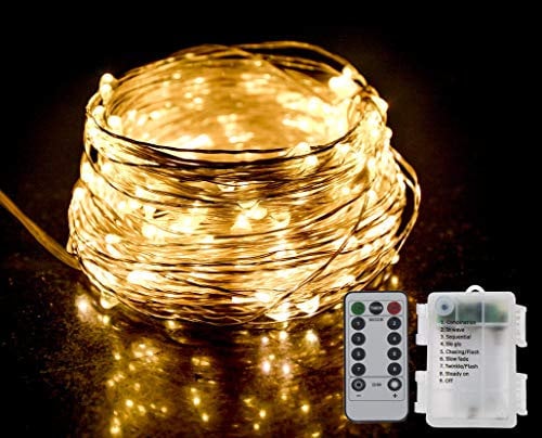 GHJ LED Battery Operated Remote Control Rainproof Silver Wire String Fairy Lights Indoor/Outdoor for Christmas Tree Xmas Garden Party (200LEDs, Warm White)