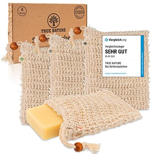 VERGLEICHSSIEGER* Seifensäckchen [4er Set] LABORGEPRÜFT - TRUE NATURE® Sisal Seifenbeutel mit farbigen Labels zum Unterscheiden - Seifennetz Extra Groß für festes Shampoo - Natur Seifen Säckchen