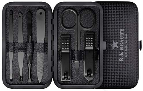 Rohans Manicure Sets 7Pcs for Men & Women, Fashion Professional Stainless Steel Nail Clippers Pedicure Kit Grooming Tools by RK Beauty (Black)